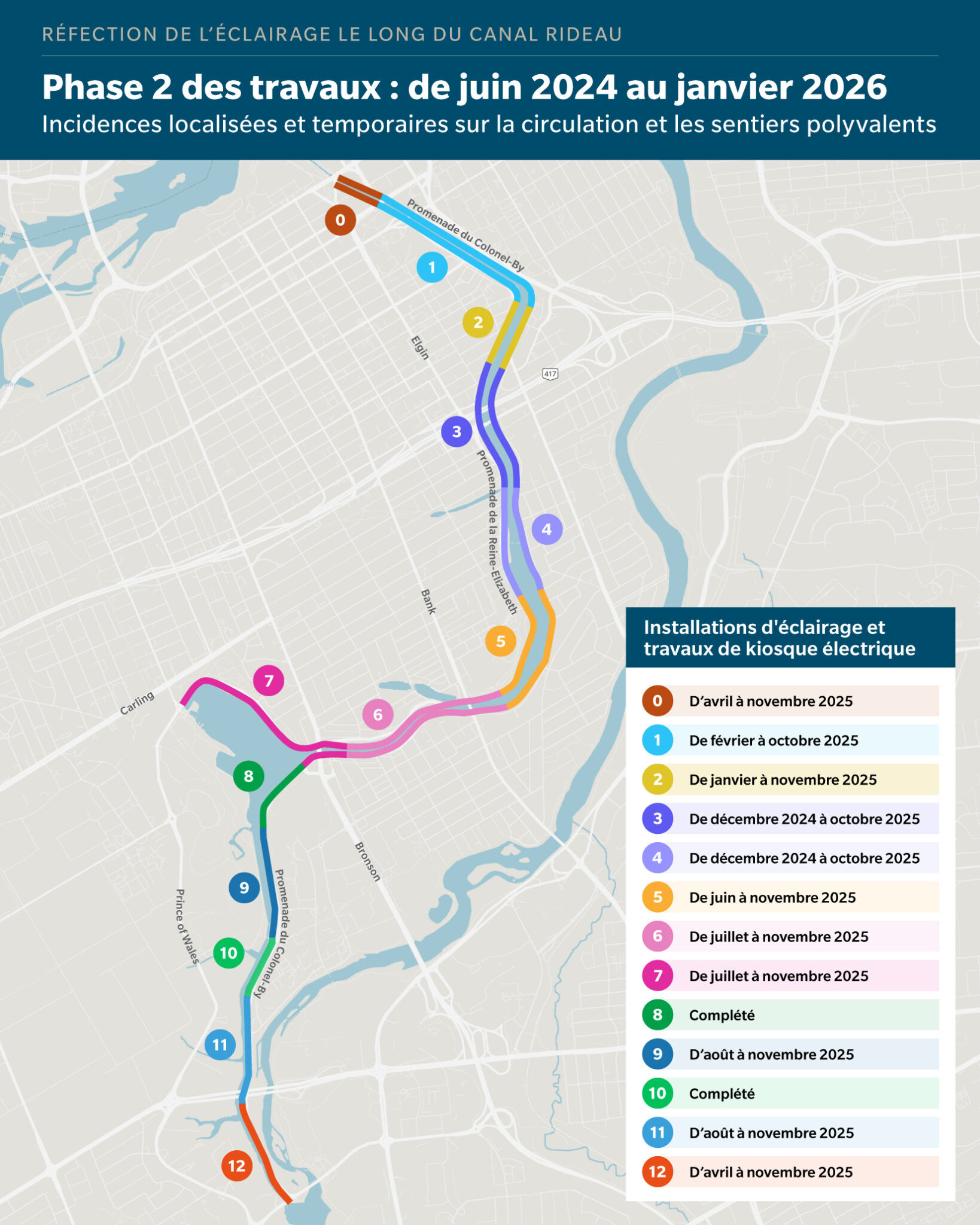 Carte de la phase 2, montrant les incidences localisées et temporaires sur la circulation et les sentiers polyvalents.