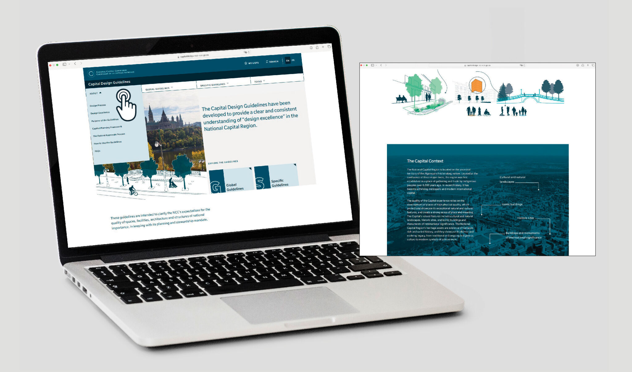 Ordinateur portable ouvert sur la version interactive des lignes directrices de conception de la capitale.