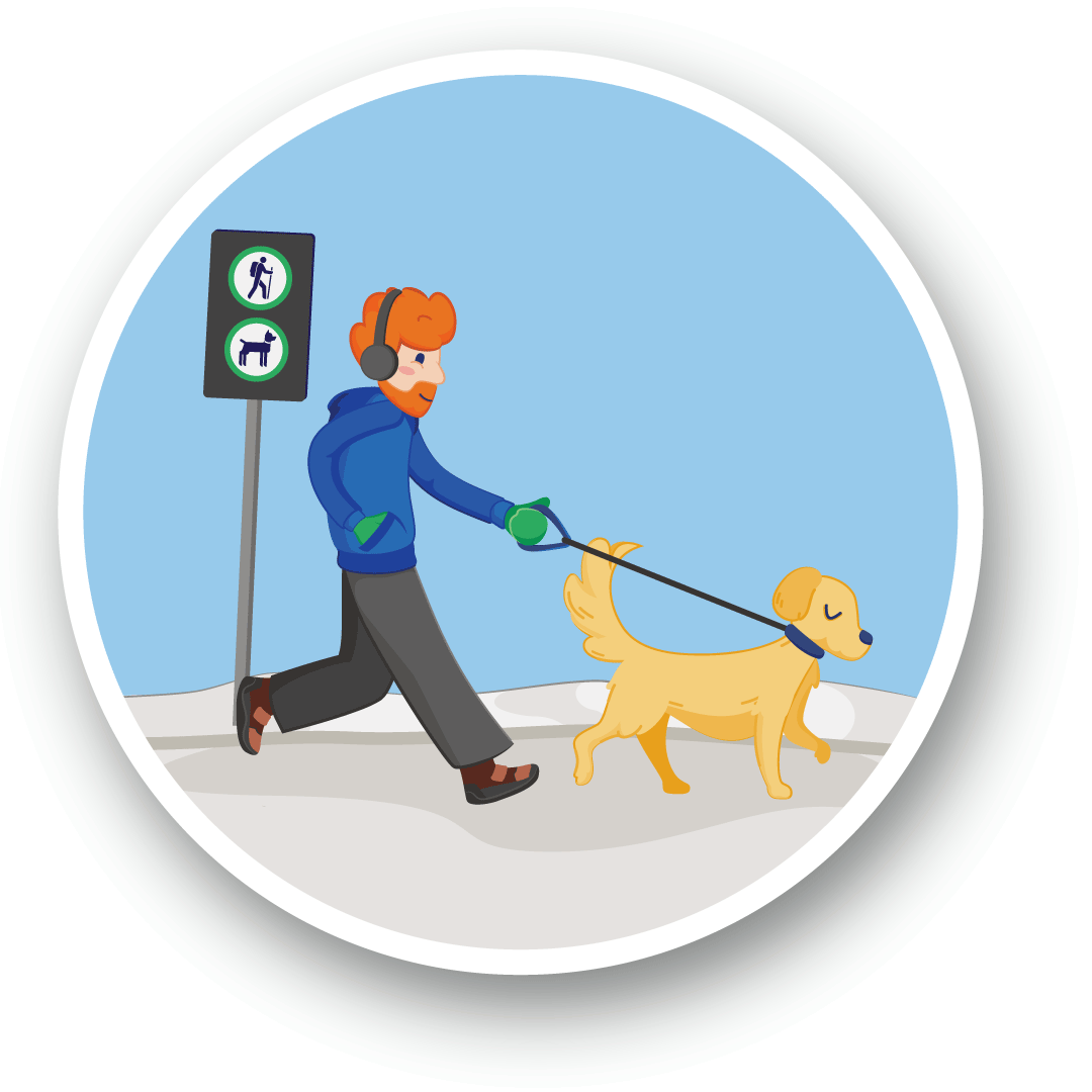 Illustration of a person walking their dog on a leash on a trail where dogs are allowed, as indicated by signage in the background.