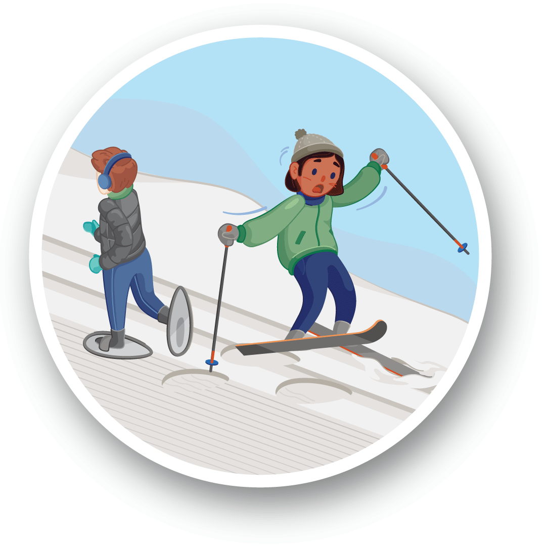 Illustration of a person on skis stumbling as their skis slip off the classic ski tracks, damaged by the passage of a person on snowshoes.