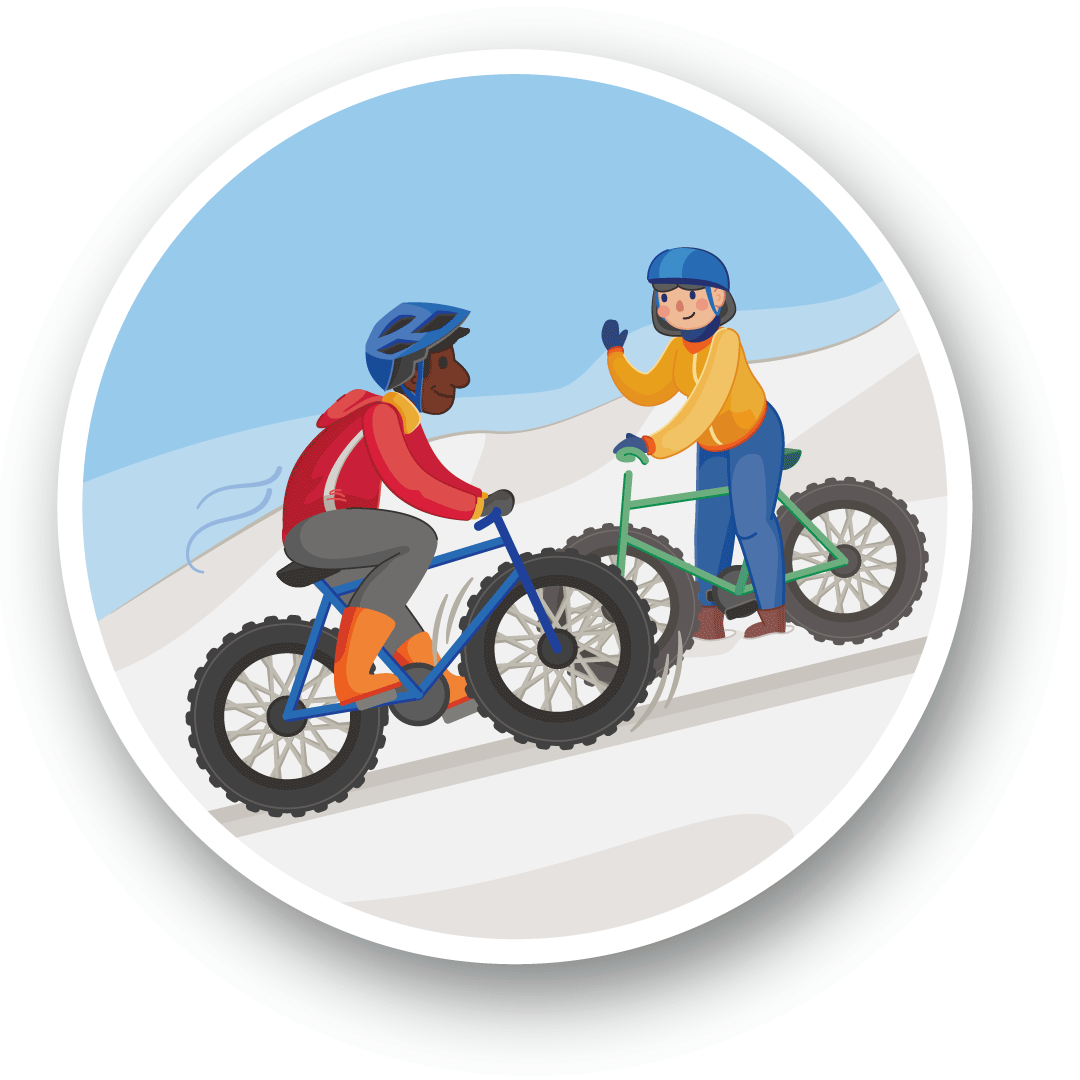 Illustration of a winter cyclist yielding by moving to the right side of the trail to let a winter cyclist climbing uphill the trail pass.
