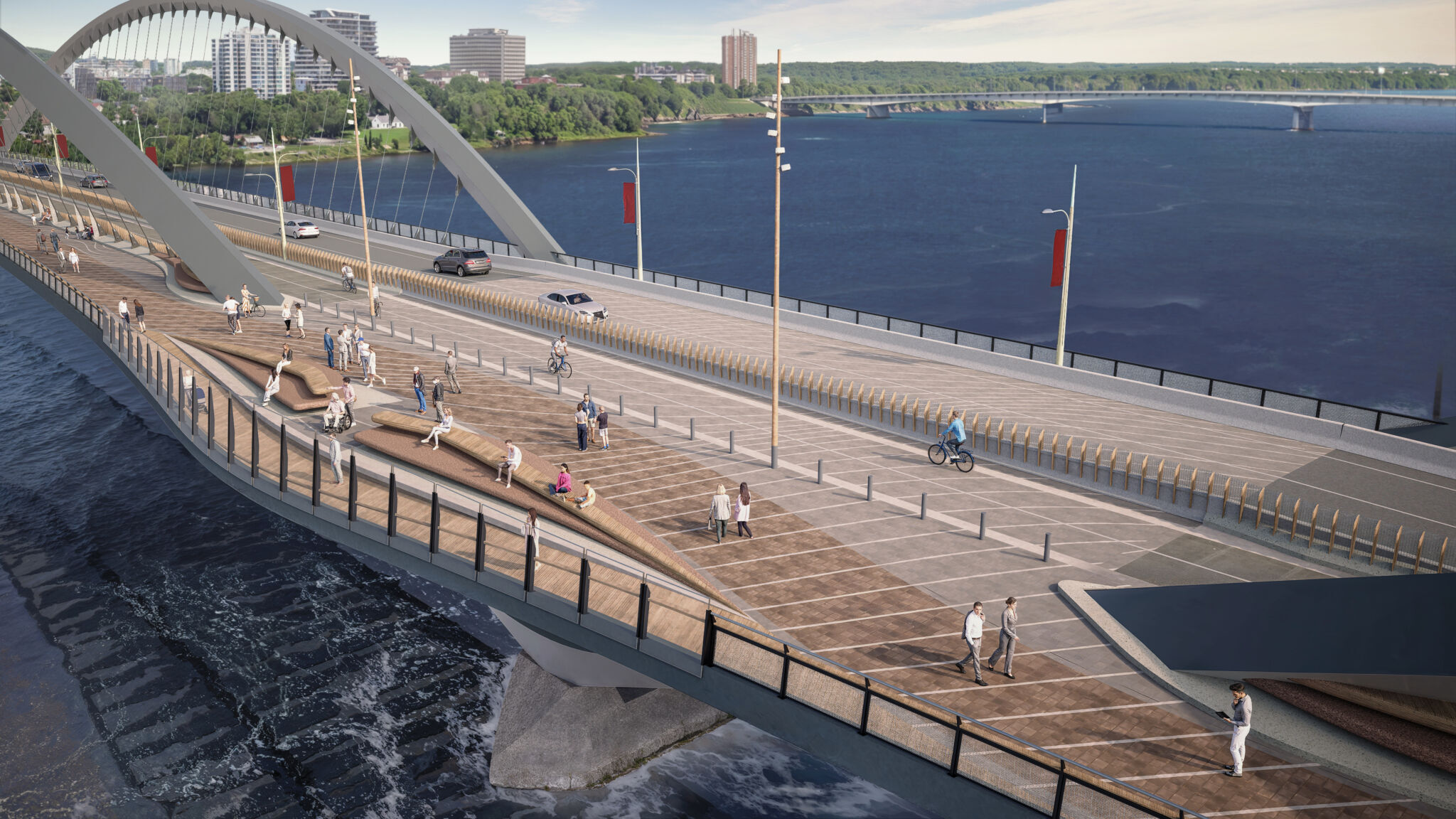 Overhead view of the lookout space, featuring seating areas and people walking through the space and sitting down to enjoy the view. The Gatineau skyline and Jacques Cartier Park are in the background.