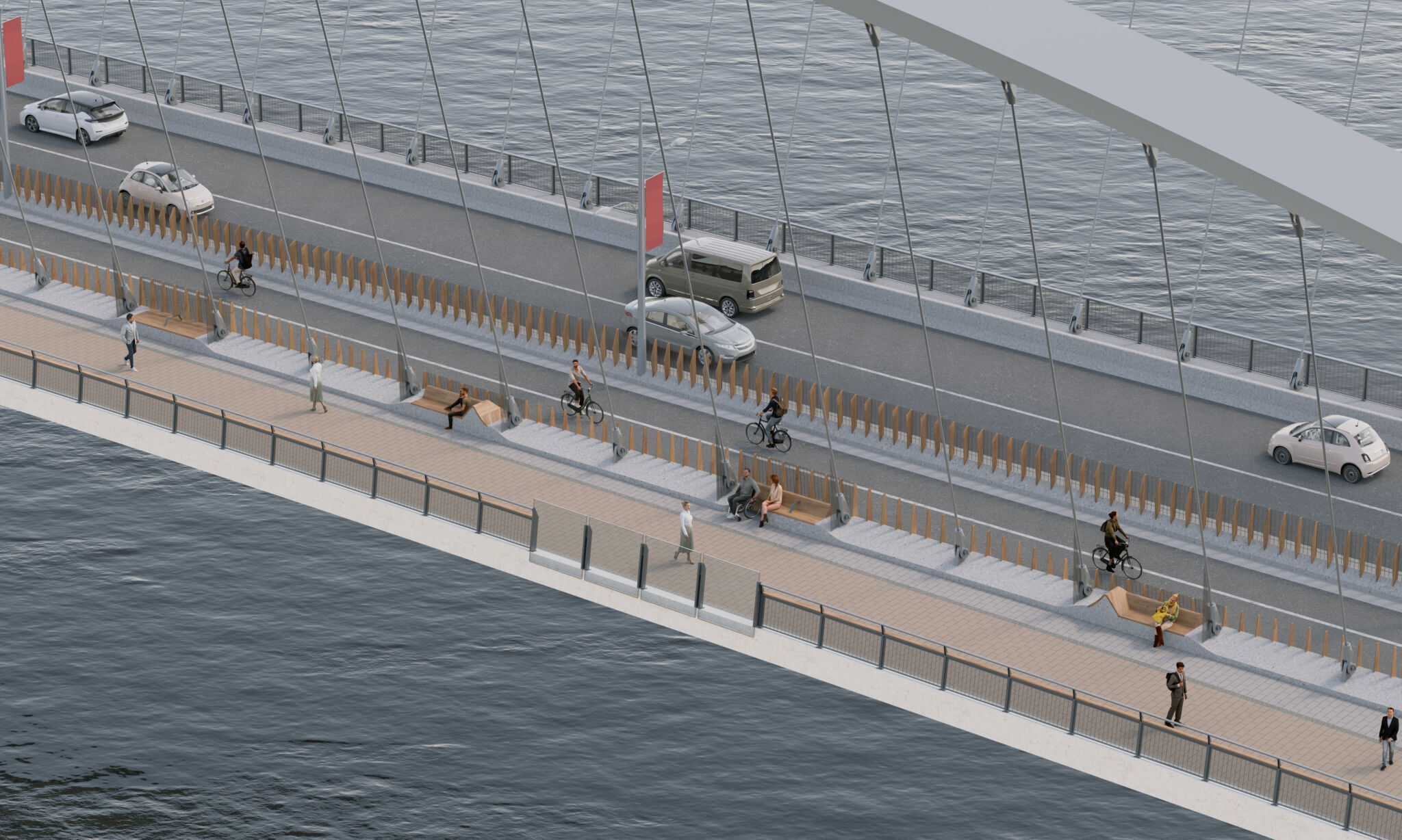 A bridge with three distinct lanes for different modes of transportation. The top lane is for motor vehicles, and cars and a van are visible. The middle lane is designated for cyclists, with several people riding bicycles. The bottom lane is a pedestrian walkway where people are walking and sitting on benches. Each lane is separated by barriers.