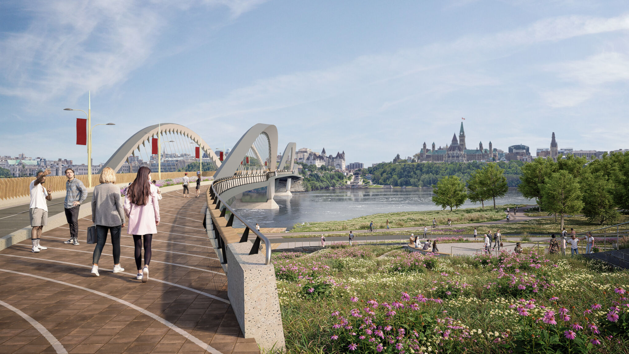 View of the pedestrian approach from Gatineau. The bridge’s railing is in the foreground. People are walking on the bridge. The surrounding area includes green space with flowers and trees. The Ottawa skyline is visible in the background under a clear sky.