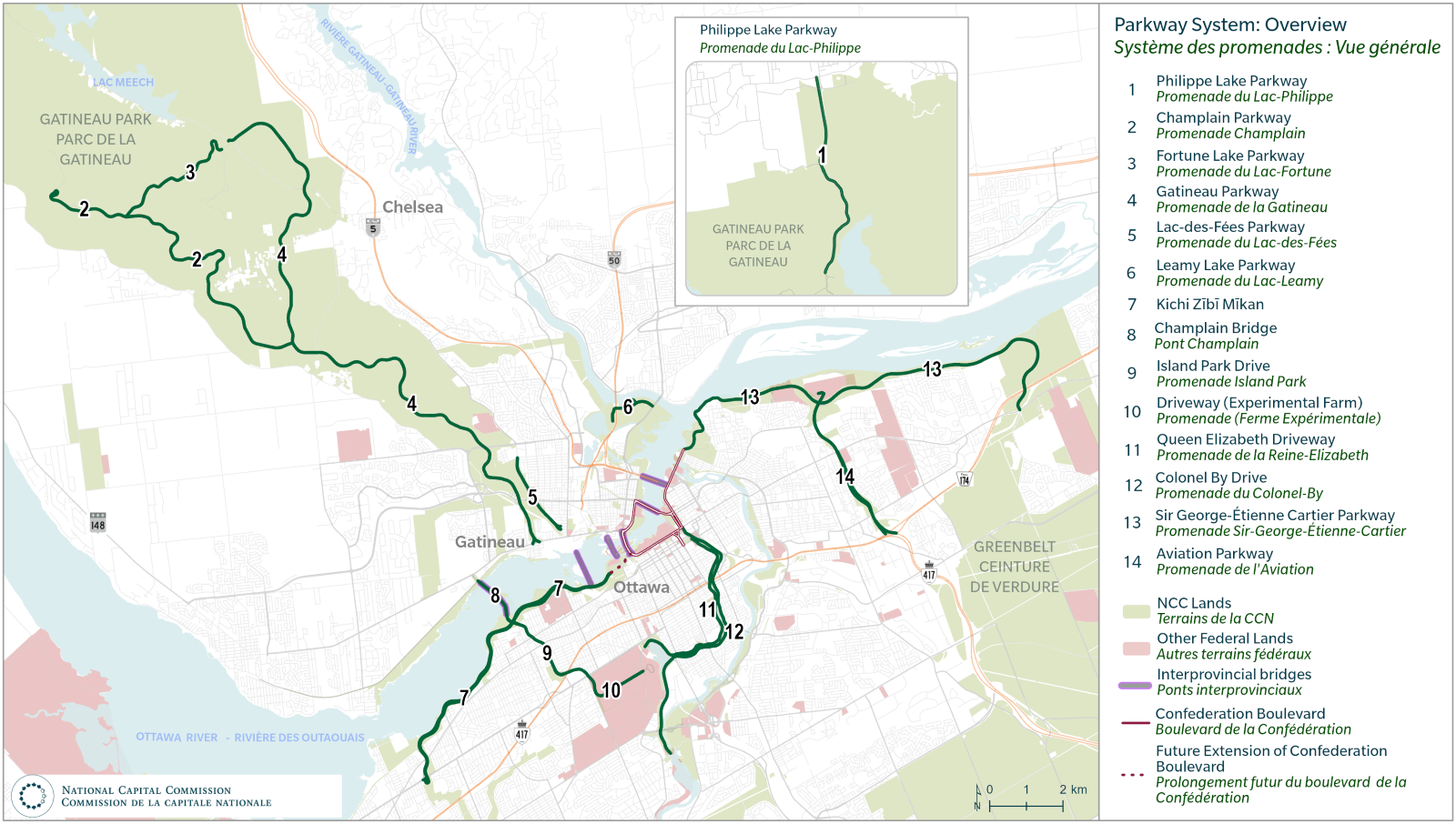 Une carte montrant le réseau actuel des promenades de la CCN dans la région de la capitale nationale, qui comprend : les promenades Champlin, du Lac-Philippe, du Lac-Fortune, de la Gatineau, du Lac-des-Fées et du Lac-Leamy du côté du Québec, et Kichi Zībī Mīkan, la promenade Island Park, la Ferme expérimentale, la promenade de la Reine-Elizabeth, la promenade du Colonel-By, la promenade Sir-Georges-Étienne-Cartier et la promenade de l’Aviation du côté de l’Ontario. On y trouve également les ponts interprovinciaux et le boulevard de la Confédération.
