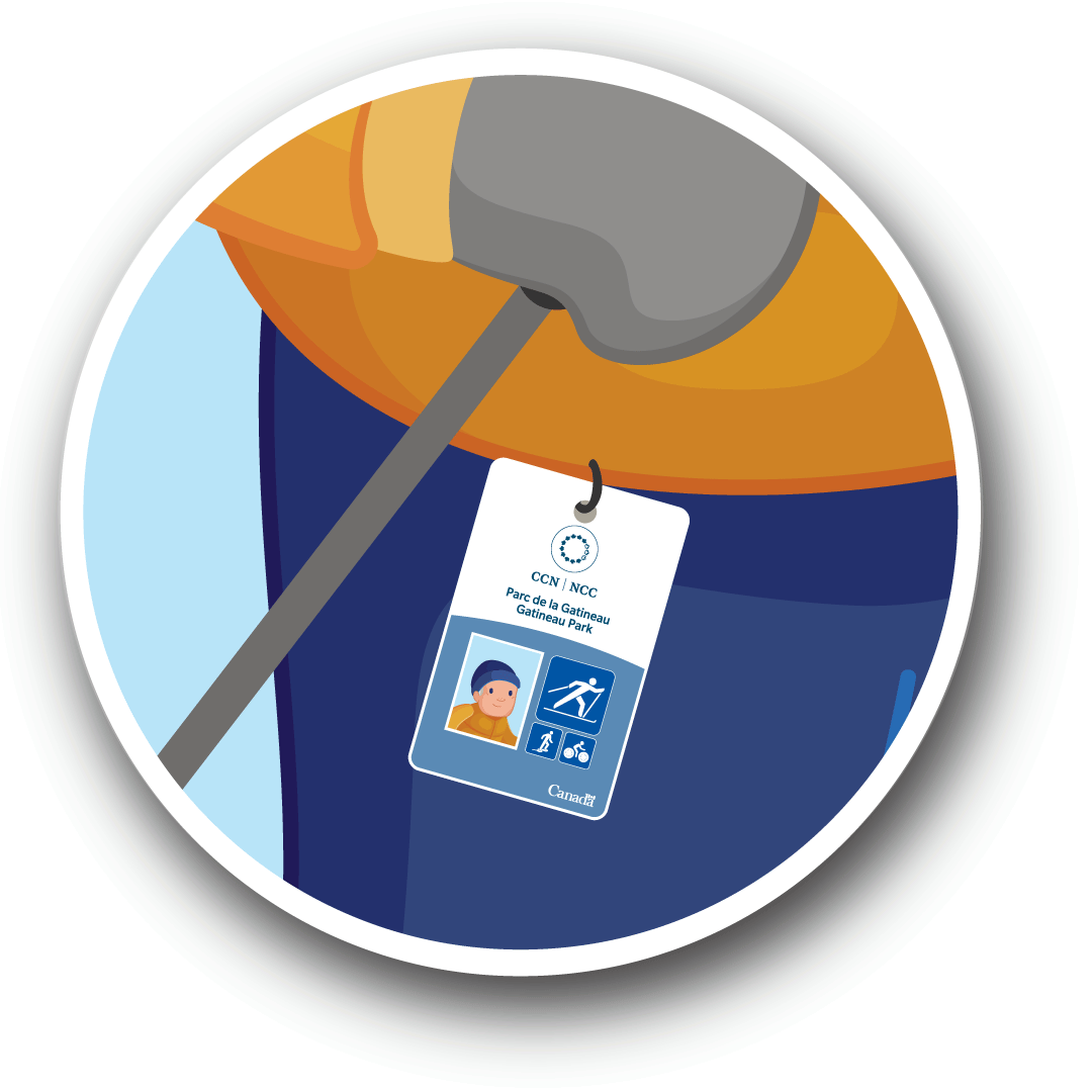 Illustration of a skier wearing their season pass visibly on their winter coat.