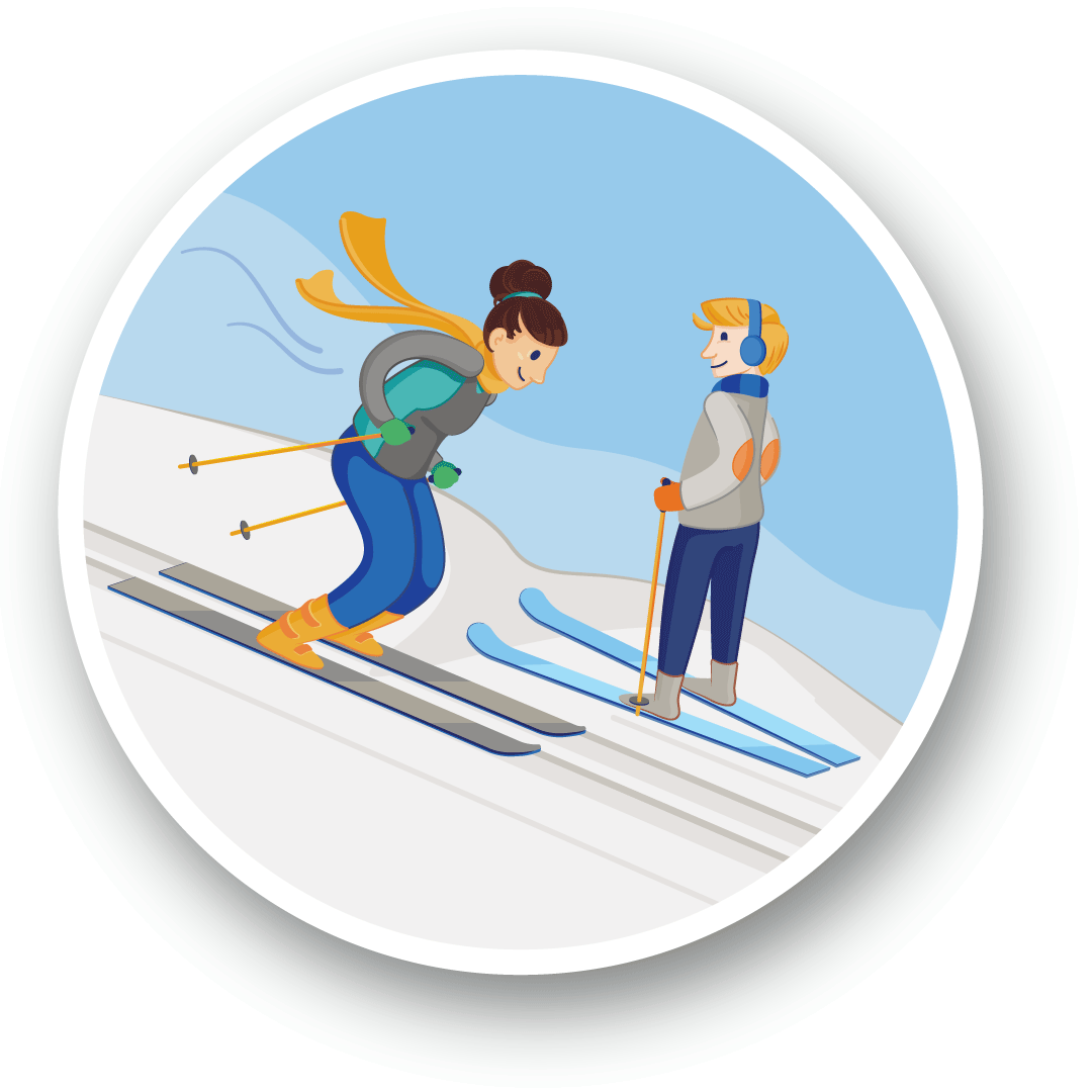 Illustration of a skier yielding to the right on the trail, outside the ski tracks, to let a person going downhill pass.
